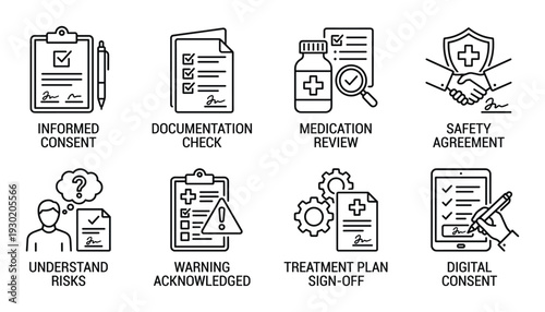 Healthcare icons for consent documentation medication review safety agreements risk understanding and treatment plan sign off informed consent