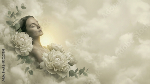 A serene woman rests among soft white clouds and ethereal botanical elements. This high-concept design represents deep sleep, healthy dreaming, and tranquility for World Sleep Day themes.
