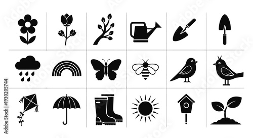 Collection of gardening and nature icons in a grid silhouette