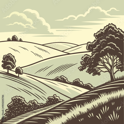 Classic Woodcut Illustration of a Vibrant Green Countryside Landscape with Gentle Rolling Hills, Lush Trees, and a Broad Vista Under a Softly Cloudy Sky.