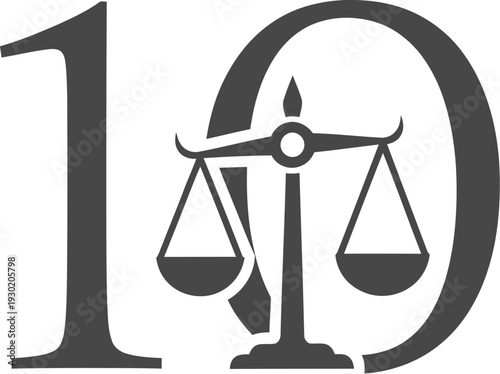 A logo featuring the number ten with a scale integrated into the design symbolizing justice and balance.