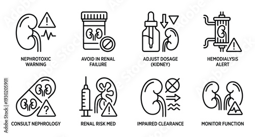 Kidney related health warnings and medical advice icons with clear labels and simple designs