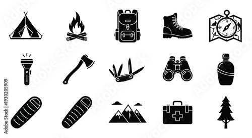 Camping equipment icons including a tent and hiking boots silhouette