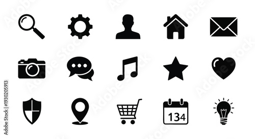 Collection of black icons representing common app functions silhouette