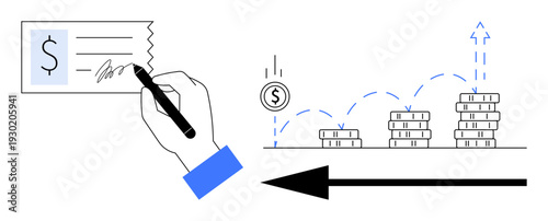 Financial concept. Financial elements showing hand writing a check and upward growth in stacked coins. Financial growth for banking, investments, payments, wealth management, savings