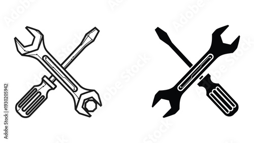 Crossed wrenches icon set, black outline and solid black on white background.