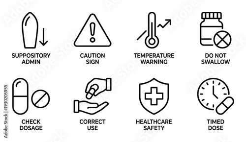 Medical administration icons on transparent background for suppositories, dosage, and timed doses