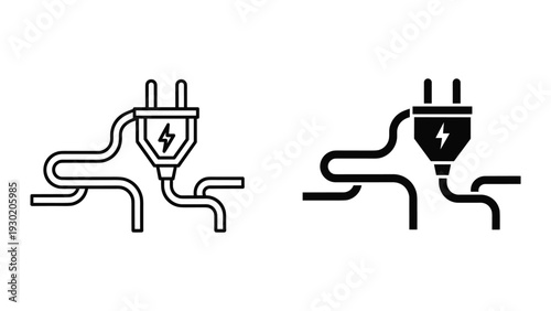 Electrical plug icons, black outline and silhouette