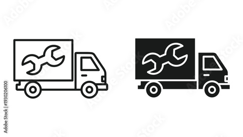 Delivery trucks with spanner symbol on white and black background