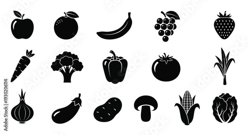 Collection of various fruit and vegetable black silhouettes