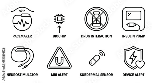 Medical devices and health alerts vector icon set, black thin line design for implanted technology