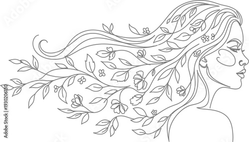 A beautiful woman with flowers in her hair and a peaceful expression