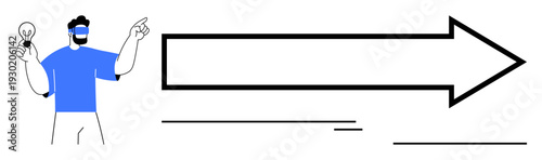 Person with modern design holds lightbulb while gesturing towards a large arrow. Ideal for innovation, guidance, creativity, progress, leadership, decision-making, forward thinking. Simple flat