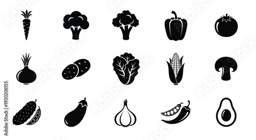 Black silhouettes of various vegetables and fruits displayed on white background