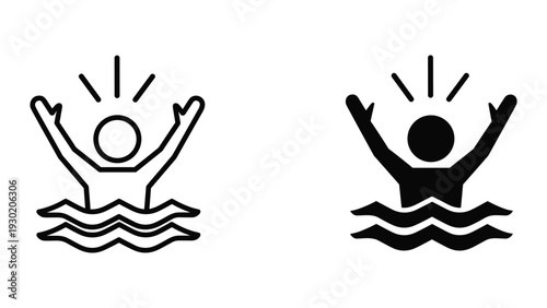 Simple black and white stick figure people swimming and rejoicing