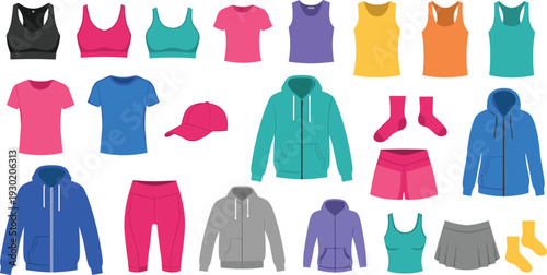 Women Fitness and Activewear Clothing Vector Set Featuring Sports Bras Leggings Hoodies Tennis Skirts and Workout Accessories for Gym Exercise and Healthy Lifestyle Designs