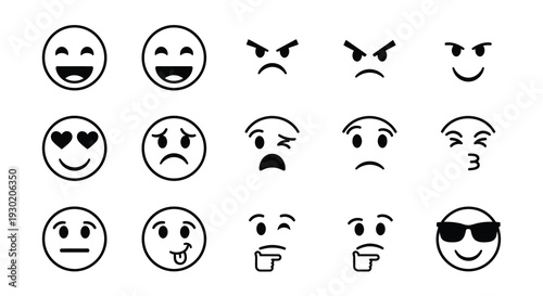 Collection of black and white emoji faces in a simple silhouette