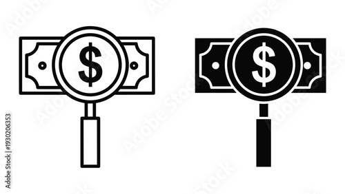 Magnifying glass examining dollar sign on banknote, black and white icons