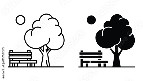 Two park benches under trees in black and white illustration