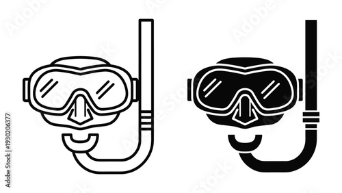 Snorkeling mask and tube icon set, black outline and silhouette