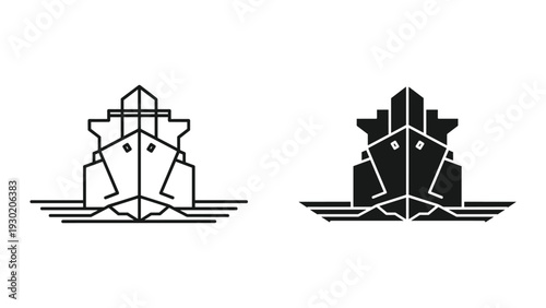 Black and white illustration of abstract ships on water