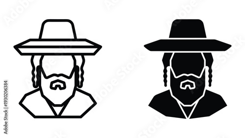 Jewish man in hat, simple line art illustration, black and white