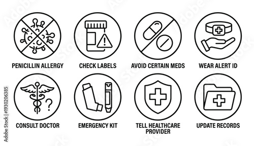 Medical icons related to allergies information emergency preparedness patient care and record keeping penicillin allergy