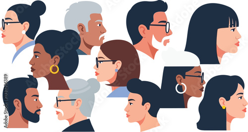A diverse group of people with different ages and ethnicities looking to the right in a modern illustration