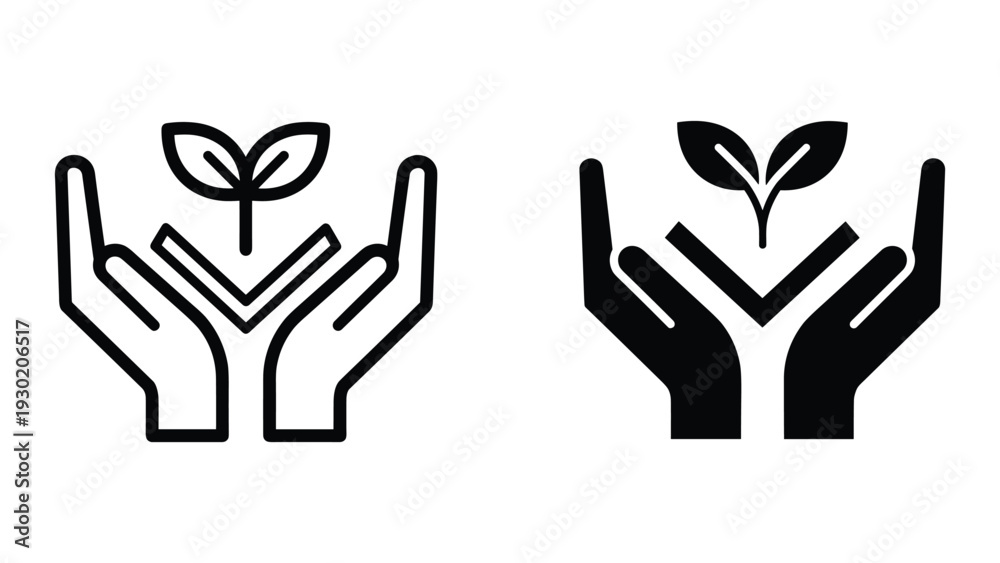 Obraz premium Hands holding young plants, black and white illustration