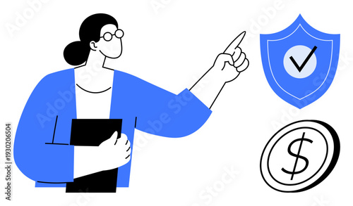 Financial planning. Vector illustration. Cybersecurity, investment protection, budget management, business strategy. Woman pointing checkmark shield dollar icons. Financial planning and cybersecurity