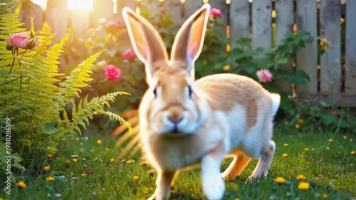 Cute rabbit exploring vibrant garden with roses and sunlight