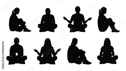 A group of people sitting in various positions isolated on white background, Vector