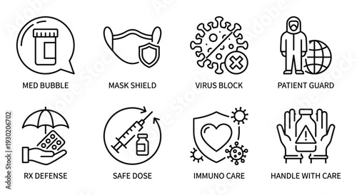 Medical protection and immunity vector icon set, black thin line design for health safety