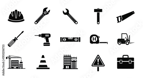 Construction tools and safety equipment depicted in black silhouette