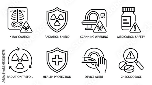 Medical radiation and scanning warning with health protection and medication safety icons