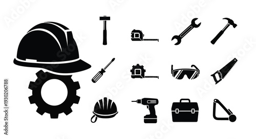 Construction tools and safety equipment in a black silhouette