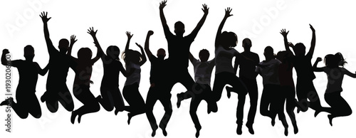 A group of people jumping in the air with their arms raised in celebration and excitement