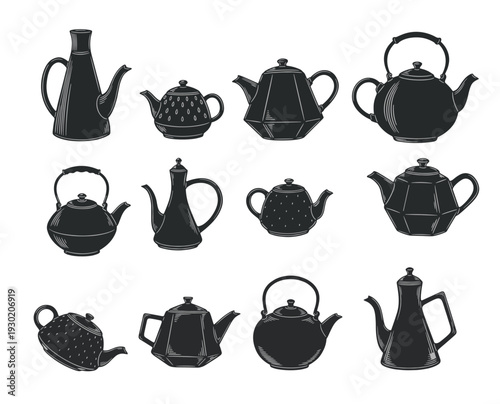 Collection of vintage and classic teapot silhouettes in various shapes and styles. Black solid icons of traditional tea kettles and ceramic teapots isolated on transparent background.