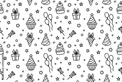 Seamless pattern with doodle party elements, cakes, gifts, balloons and hats on checkered background illustration