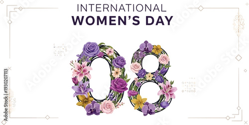 International Women's Day celebration with floral design and purple text on white background