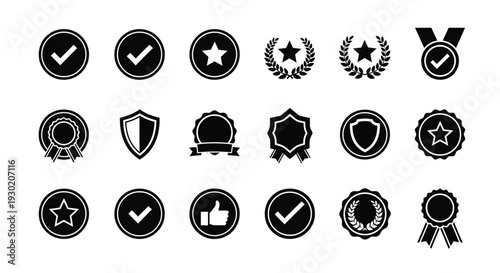 Collection of black award badges and icons simple silhouette