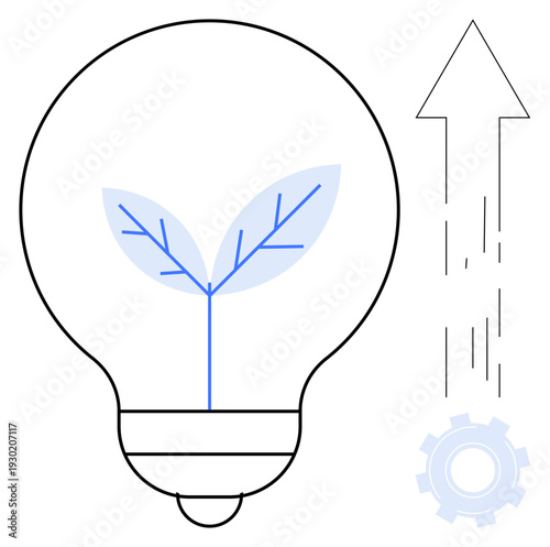 Renewable energy vector illustration. Green technology, innovation, eco-friendly solutions, sustainability, growth. Light bulb with leaf inside, upward arrow gear symbol. Renewable energy technology