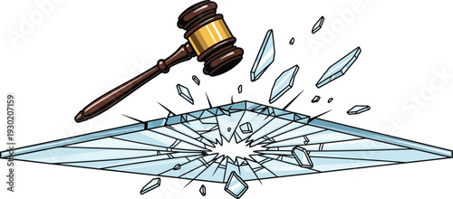 A cartoon illustration of a gavel smashing through a glass surface with shards flying everywhere.