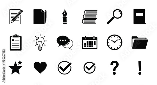 Collection of black icons representing office and school tools silhouette