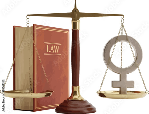 A scale balancing a law book with a female symbol representing equality and justice