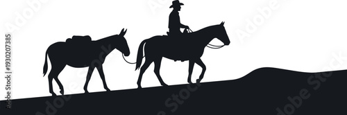 Cowboy riding horse with pack mule silhouette vector illustration, western travel scene, ranch landscape, vintage frontier design style