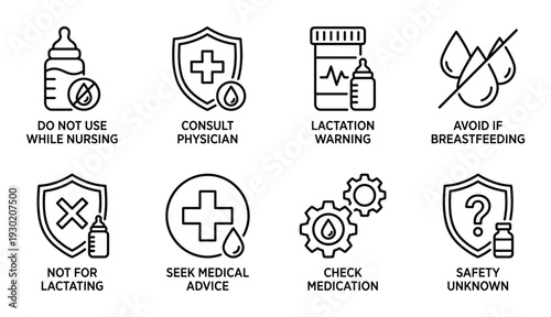Nursing and breastfeeding medical icons for safety advice and physician consultation