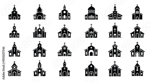 Collection of various church building designs in black silhouette