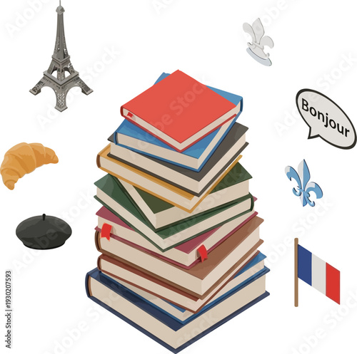 A stack of books surrounded by French culture symbols and icons on a white background