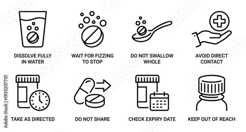 Pharmacy and medication icons for safe drug handling, storage, and administration instructions
